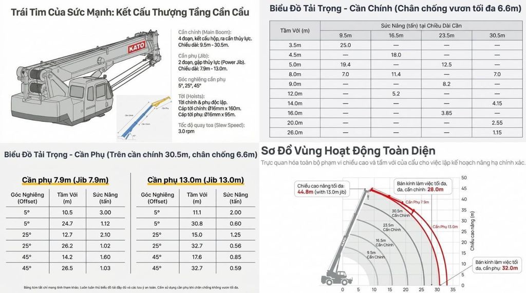 Sơ đồ cấu trúc cần chính và cần phụ của cẩu KATO, cùng biểu đồ tải trọng chi tiết cho các cấu hình khác nhau