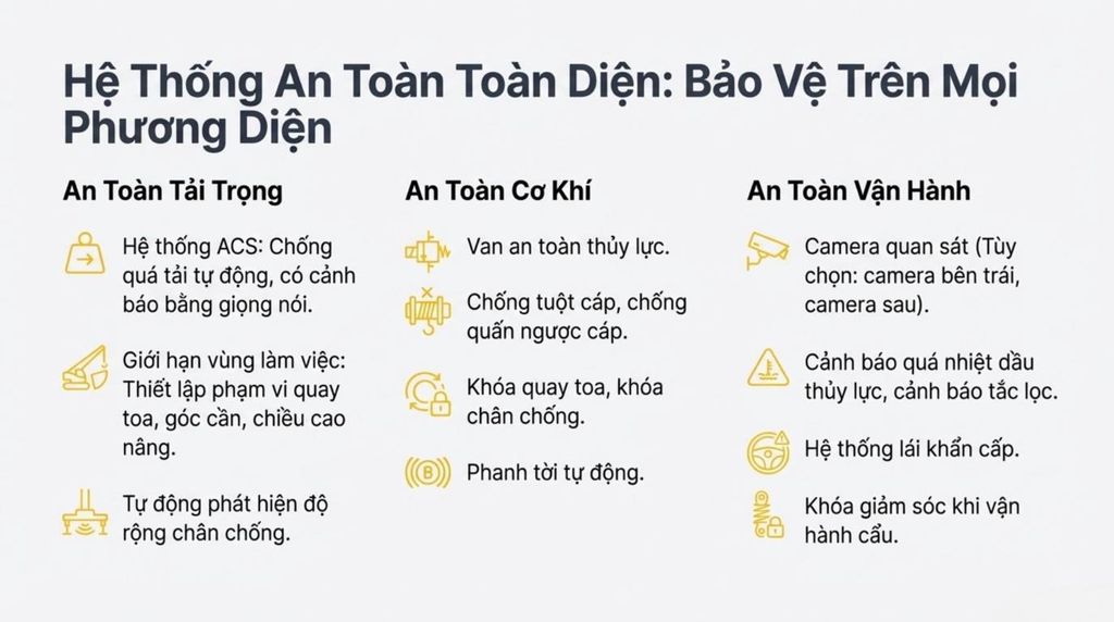 Các biểu tượng minh họa các tính năng an toàn của cẩu KATO, bao gồm hệ thống chống quá tải, khóa cơ khí và cảnh báo vận hành