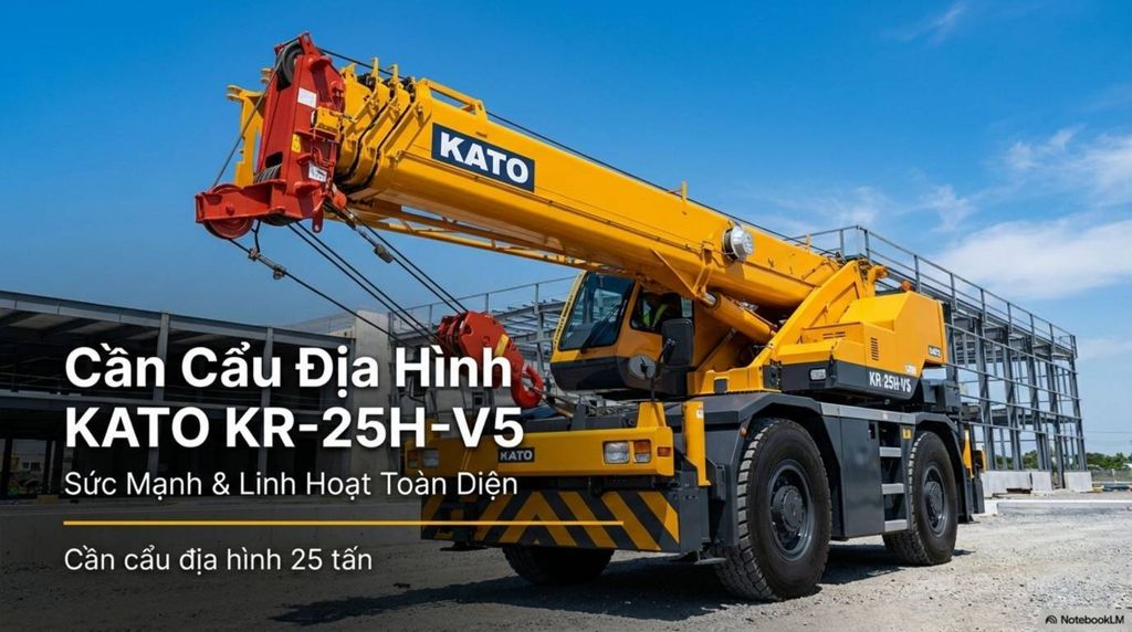 Hình ảnh cận cảnh cẩu địa hình KATO KR-25H-V5 màu vàng, nhấn mạnh thiết kế hiện đại và bền bỉ