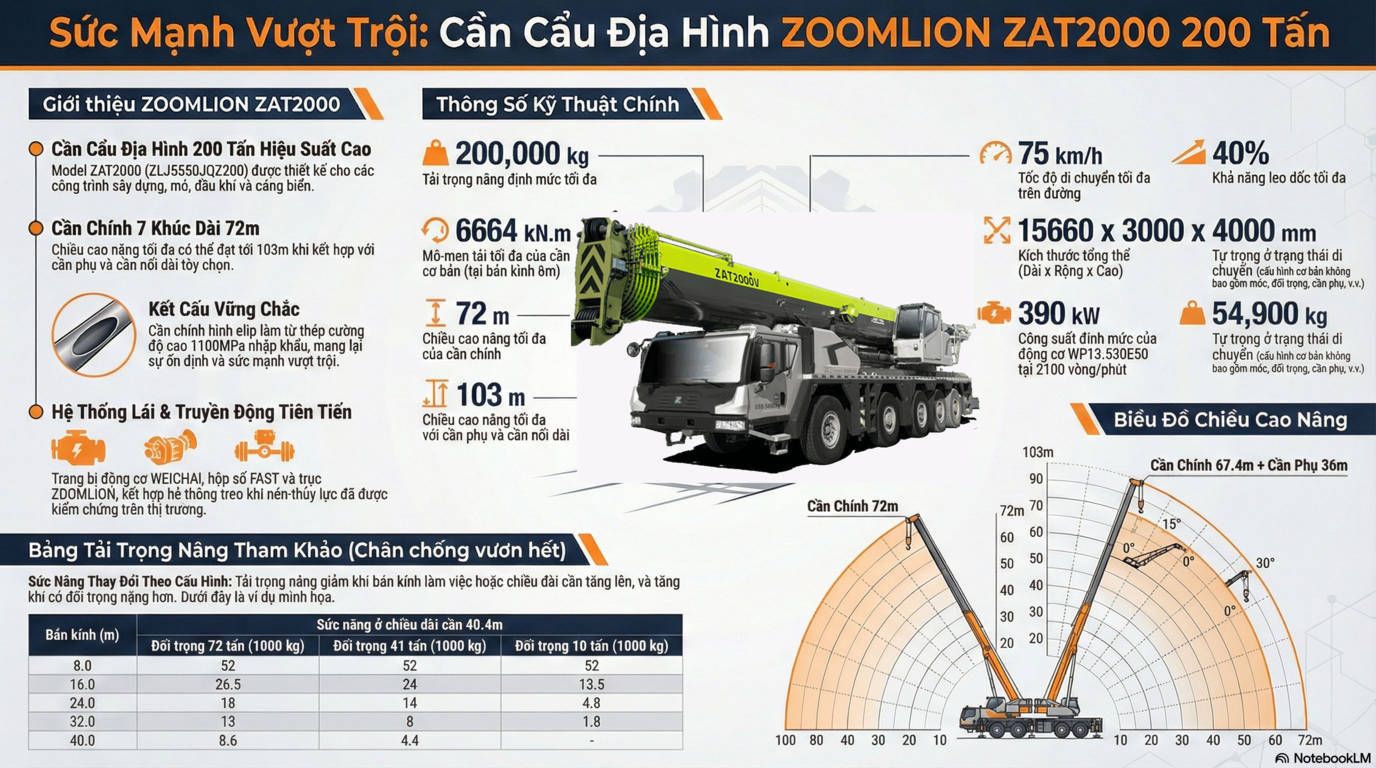 Thông số Tổng quan về cẩu 200 tấn Zoomlion ZAT2000