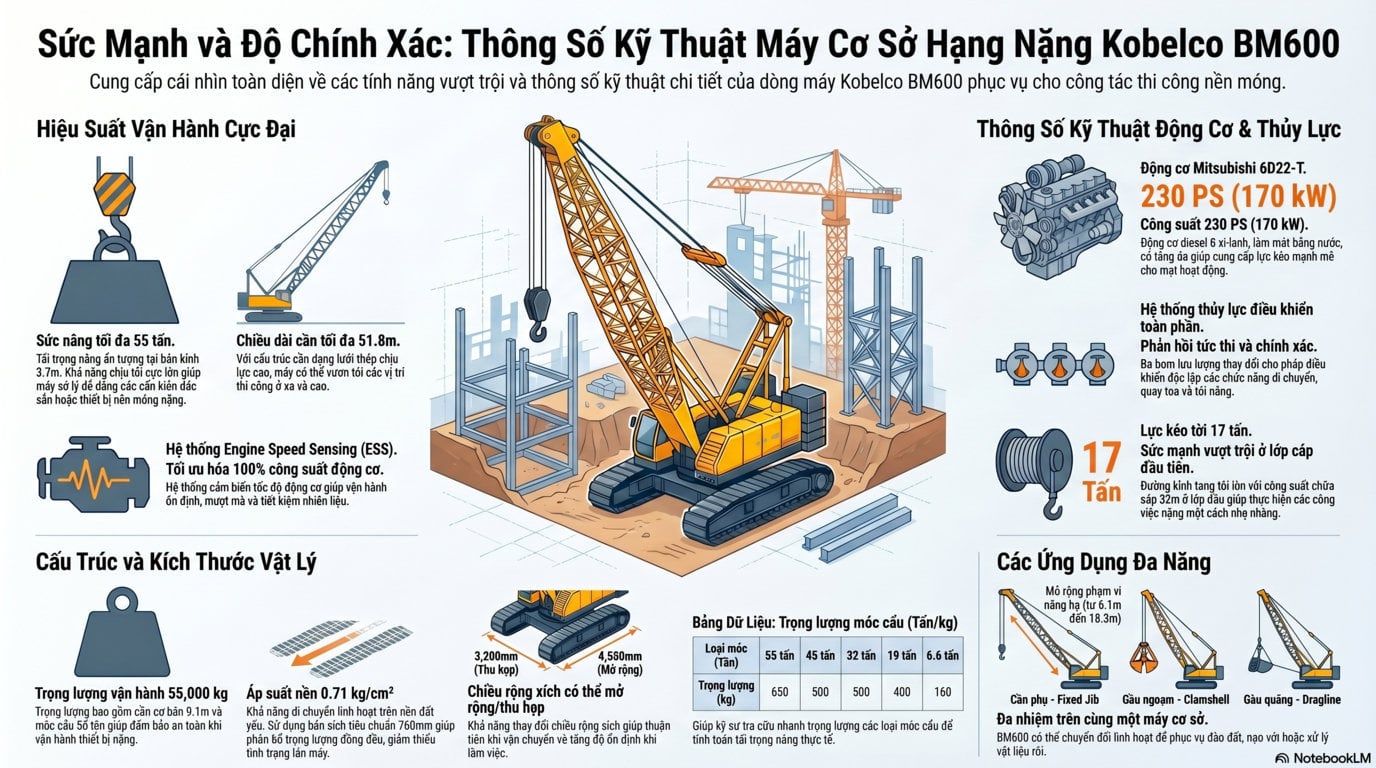 Bảng thông số cẩu bánh xích cũ Kobelco BM600 55 tấn
