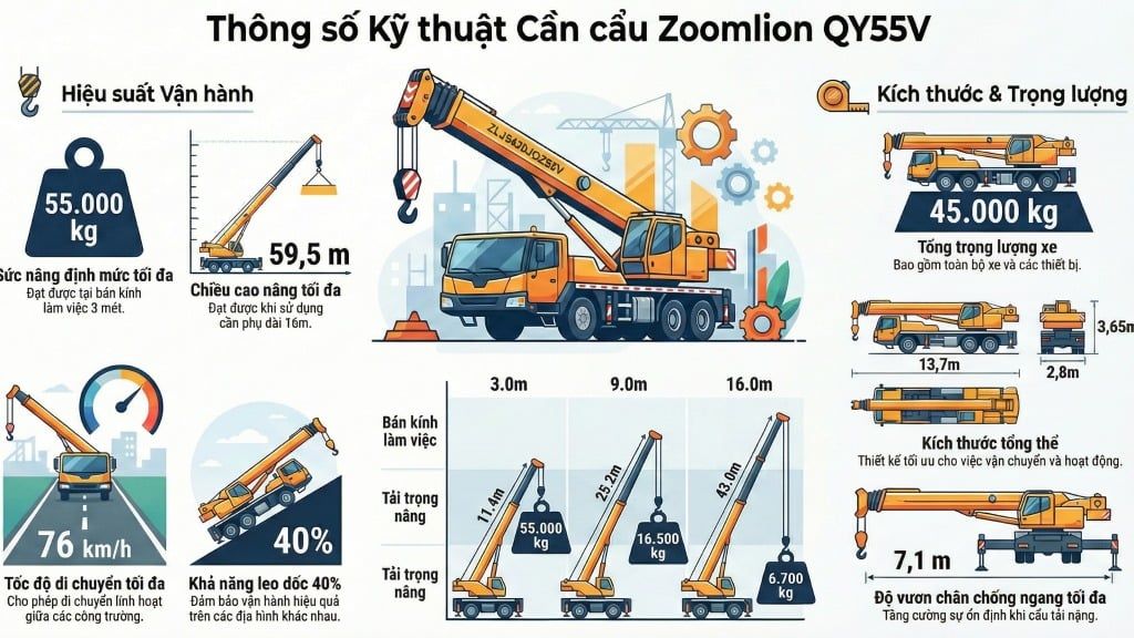 Thông số Cẩu lốp 55 tấn cũ Zoomlion QY55V đời 2018 nhập Trung Quốc