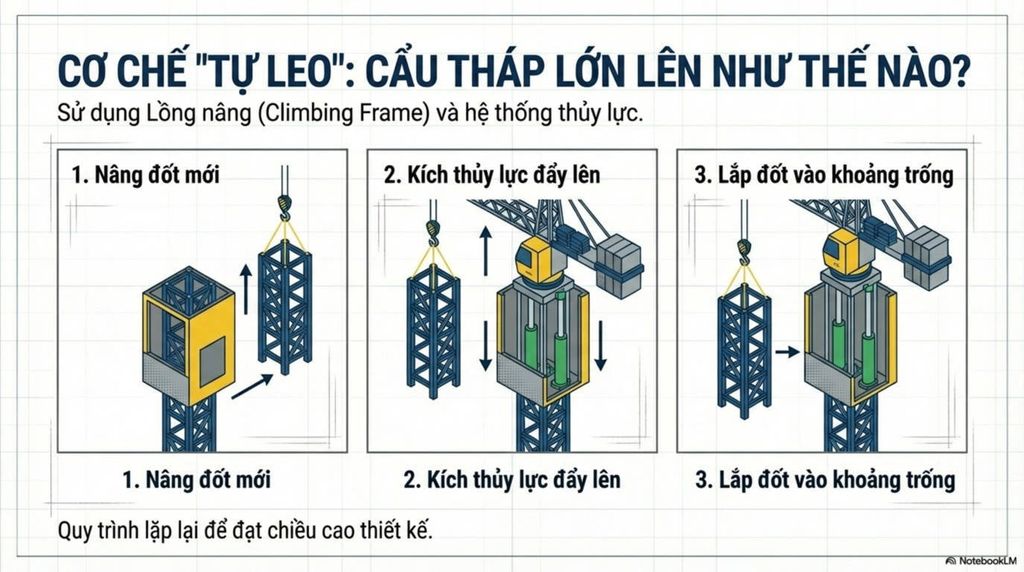 [Ba hình ảnh minh họa các bước của cơ chế tự leo sử dụng lồng nâng và hệ thống thủy lực.]