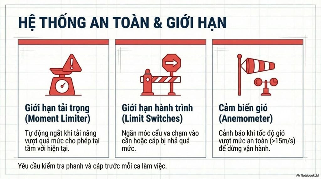 [Ba biểu tượng và mô tả các hệ thống an toàn quan trọng: Giới hạn tải trọng, Giới hạn hành trình và Cảm biến gió.]