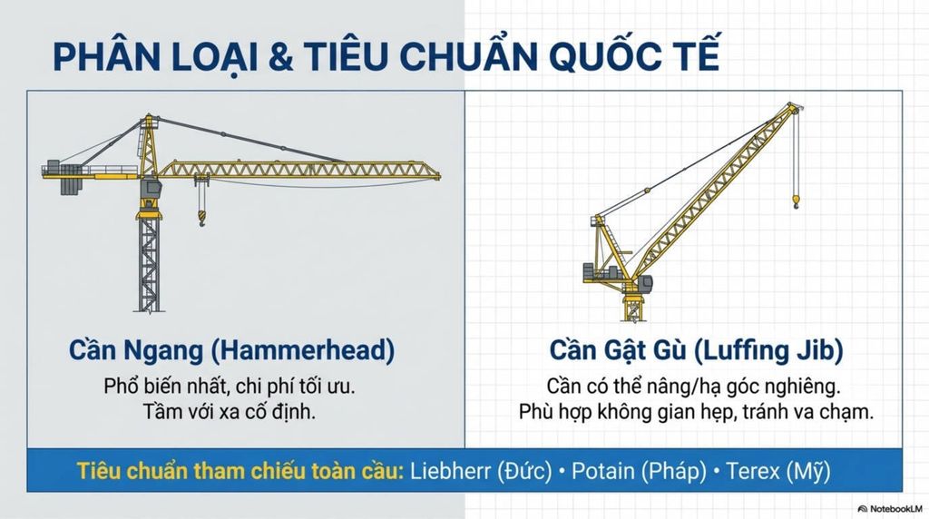 [Hai hình ảnh minh họa hai loại cẩu tháp chính: Cần Ngang (Hammerhead) và Cần Gật Gù (Luffing Jib), kèm mô tả ưu điểm của từng loại và các tiêu chuẩn tham chiếu toàn cầu.]