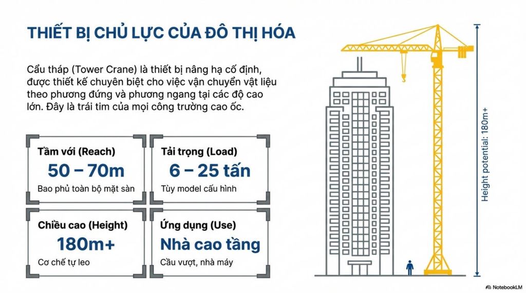 [Hình ảnh cẩu tháp vàng bên cạnh tòa nhà cao tầng, minh họa các thông số Tầm với, Tải trọng, Chiều cao và Ứng dụng của cẩu tháp.]