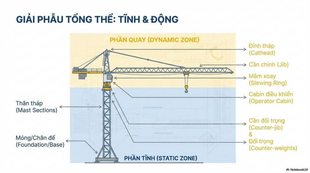[Sơ đồ cẩu tháp với các bộ phận được chú thích rõ ràng, chia thành vùng tĩnh và vùng quay.]