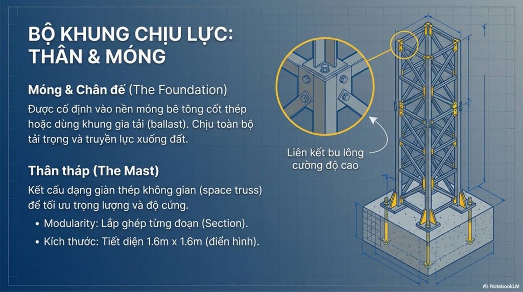 [Sơ đồ chi tiết phần móng và thân tháp, kèm hình ảnh cận cảnh mối nối bu lông cường độ cao.]