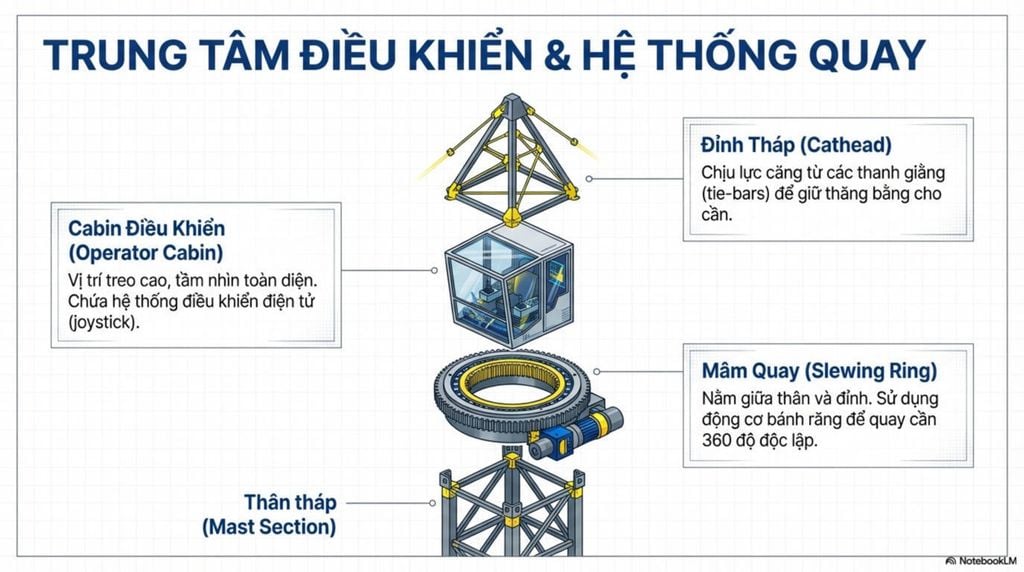 [Sơ đồ các bộ phận trung tâm như đỉnh tháp, cabin điều khiển và mâm quay, thể hiện mối liên kết giữa chúng.]