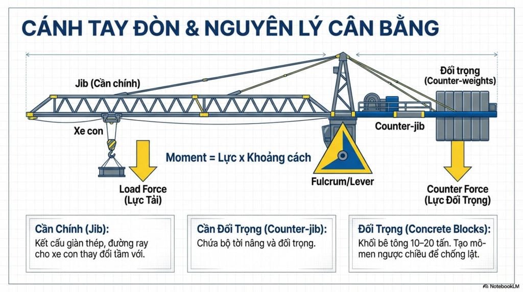 [Sơ đồ nguyên lý cánh tay đòn với các thành phần Jib, Counter-jib, Đối trọng, Lực tải, Lực đối trọng và điểm tựa Fulcrum/Lever, kèm công thức Moment.]