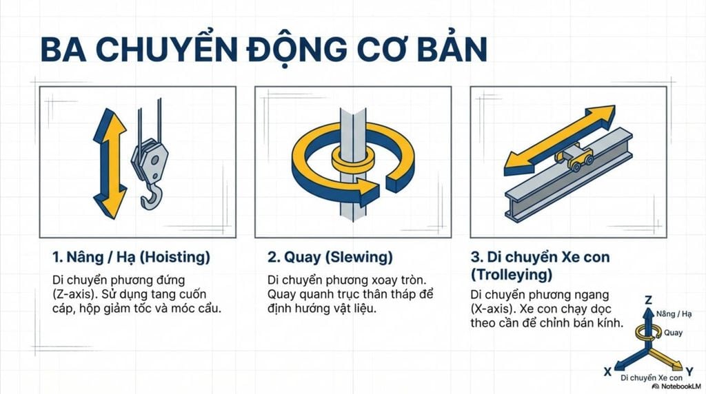 [Ba biểu tượng minh họa các chuyển động Hoisting (Nâng/Hạ), Slewing (Quay) và Trolleying (Di chuyển Xe con), kèm sơ đồ hệ trục tọa độ.]