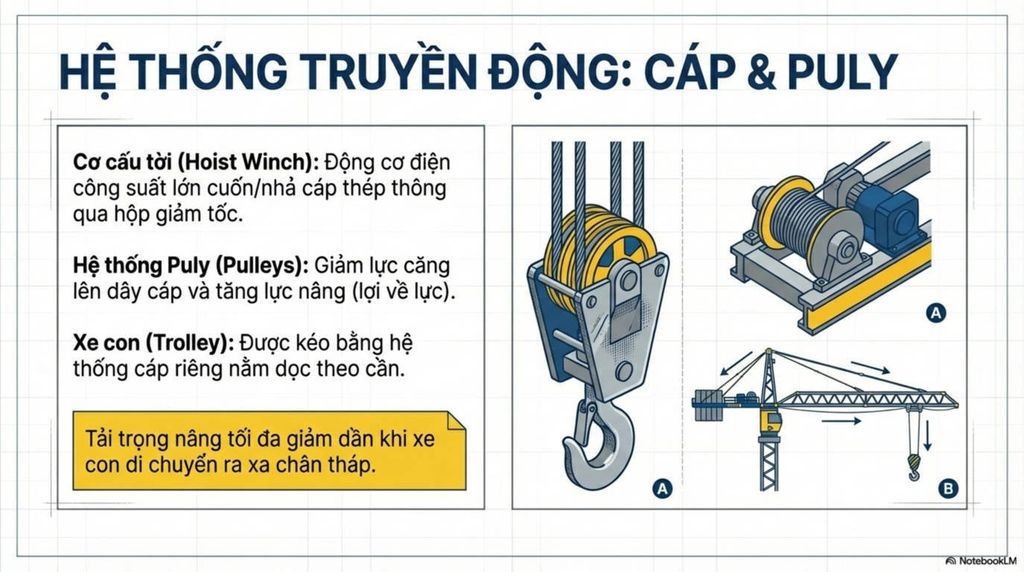 [Hình ảnh chi tiết cơ cấu tời, hệ thống puly và sơ đồ cẩu tháp minh họa đường đi của cáp.]
