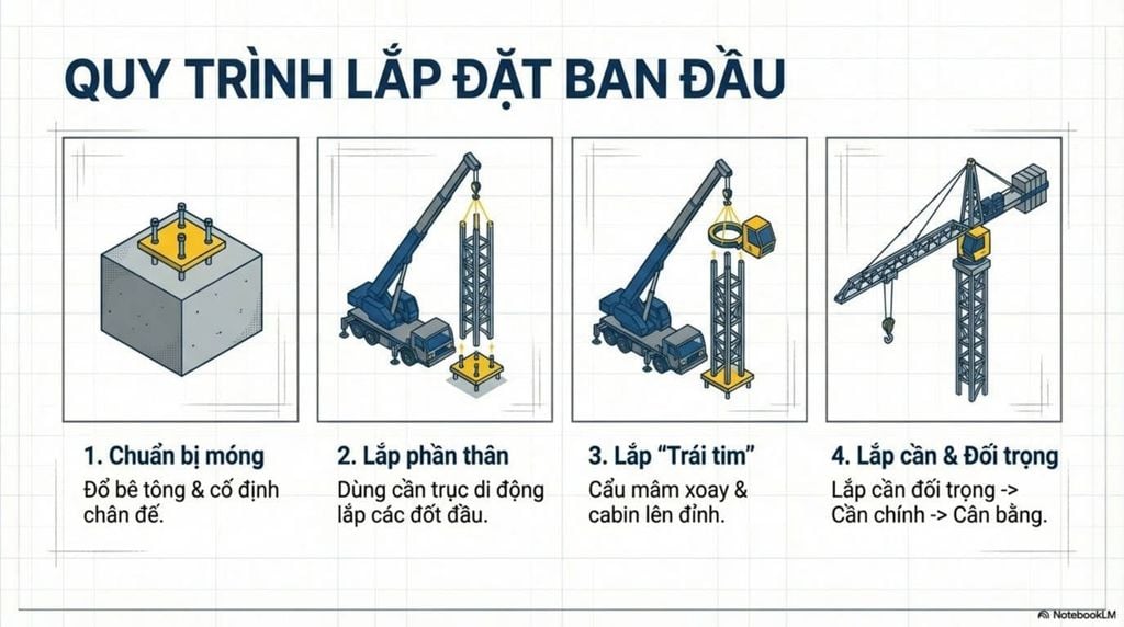 [Bốn hình ảnh minh họa các bước lắp đặt cẩu tháp ban đầu: Chuẩn bị móng, Lắp phần thân, Lắp 