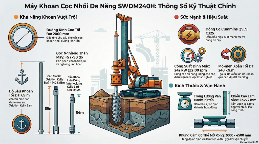 Giàn Khoan Cọc Nhồi Đa năng SWDM240H với khả năng khoan sâu 69m, đường kính 2000mm