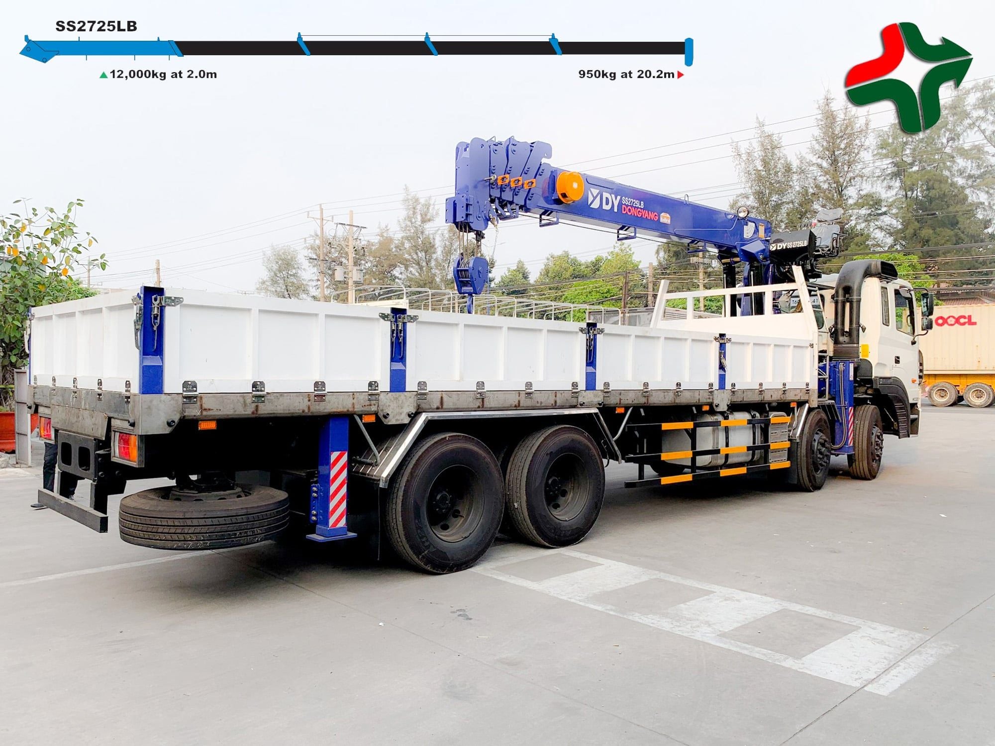 sức nâng lớn nhất SS2725LB là 12.000 kg tại tầm với 2,0 m; theo catalog cẩu là 10.000 kg tại 3,0 m. Mô-men nâng tối đa 29.000 kg.m.