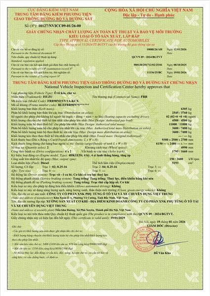 Giấy an toàn bảo vệ môi trường của Xe cứu hộ giao thông càng kéo sàn trượt Isuzu NQR75ME5 do cục đăng kiểm cấp