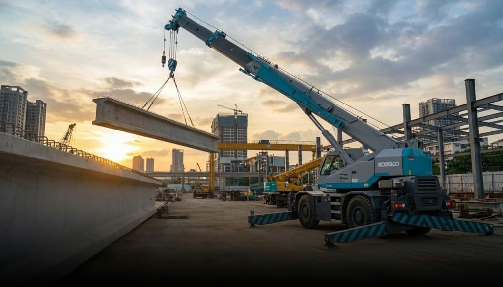 Hình ảnh chiếc cẩu đang làm việc trên công trường, nội thất cabin vận hành, biểu đồ vùng hoạt động của cần chính và cần phụ, cùng bảng tóm tắt thông số kỹ thuật chính.