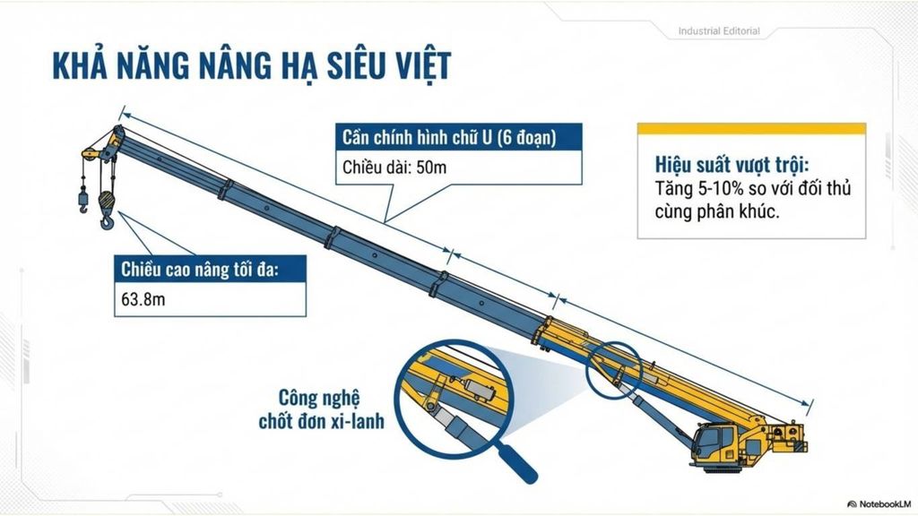 Cần dài Cẩu Lốp XCMG 55 Tấn Cũ: Cần Dài 50m, 6 Đốt