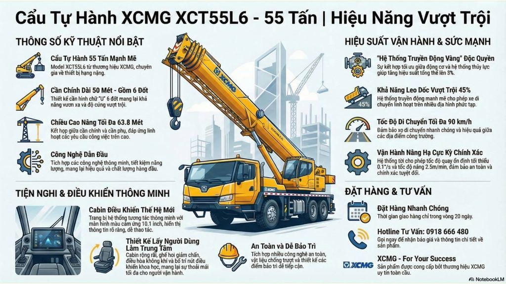 Thông số Cẩu Lốp XCMG 55 Tấn Cũ: Cần Dài 50m, 6 Đốt