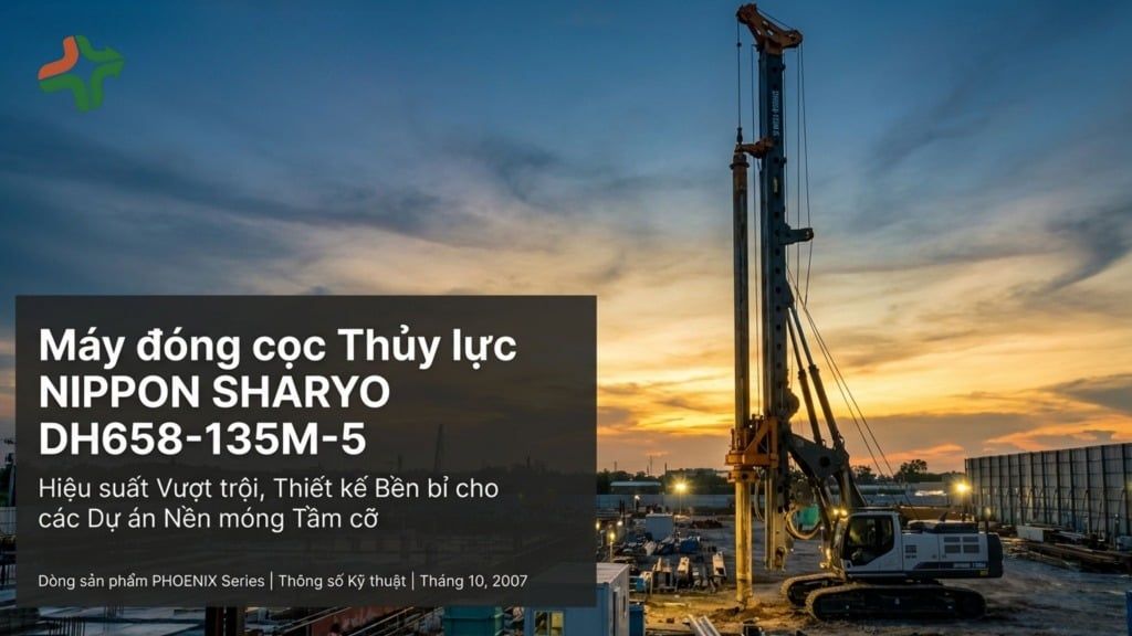 Mô tả ảnh Catalogue ngắn gọn: Hình ảnh máy đóng cọc NIPPON SHARYO DH658-135M-5 trên công trường lúc hoàng hôn, với thông tin về hiệu suất vượt trội và thiết kế bền bỉ