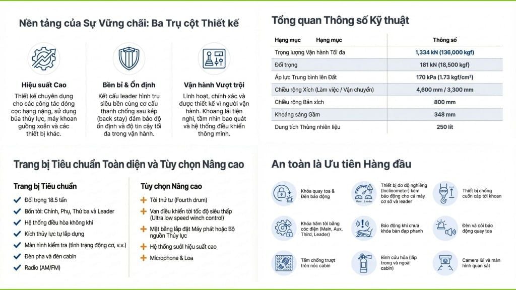 Mô tả ảnh Catalogue ngắn gọn: Sơ đồ minh họa ba trụ cột thiết kế (Hiệu suất, Bền bỉ, Vận hành) cùng bảng thông số kỹ thuật chính, trang bị tiêu chuẩn và tính năng an toàn