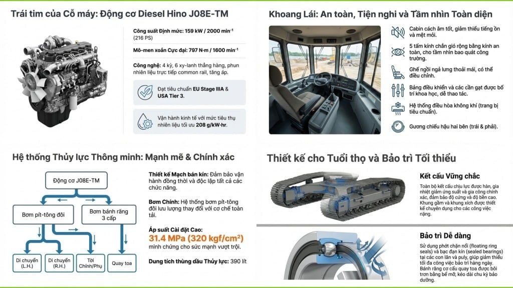 Mô tả ảnh Catalogue ngắn gọn: Sơ đồ động cơ Hino J08E-TM, bố cục cabin, lưu đồ hệ thống thủy lực và hình ảnh kết cấu gầm máy
