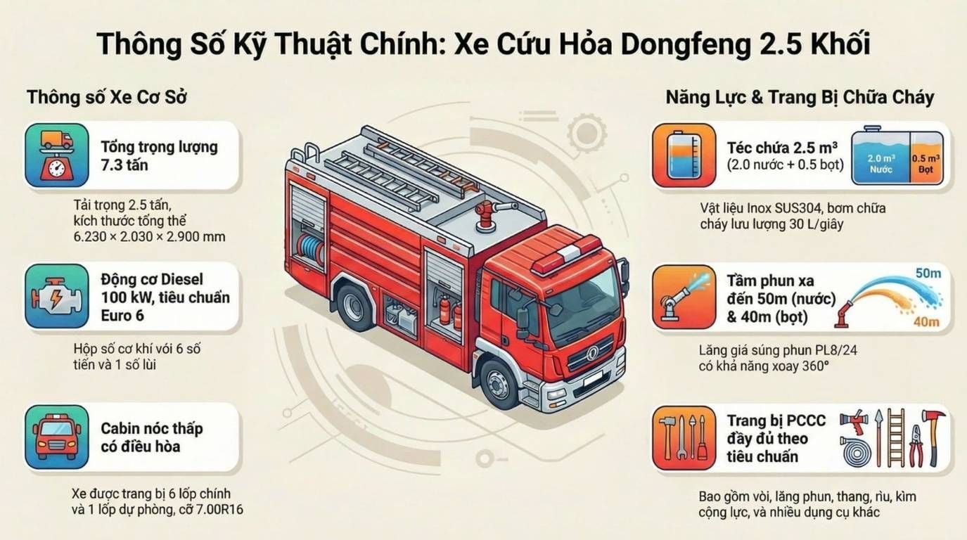 Thông số kỹ thuật xe chữa cháy 2,5 khối Dongfeng mới nhất 2026