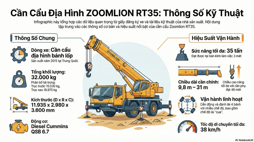 Tổng quan Cẩu Bánh Béo 35 Tấn Cũ Zoomlion RT35 Đời 2015