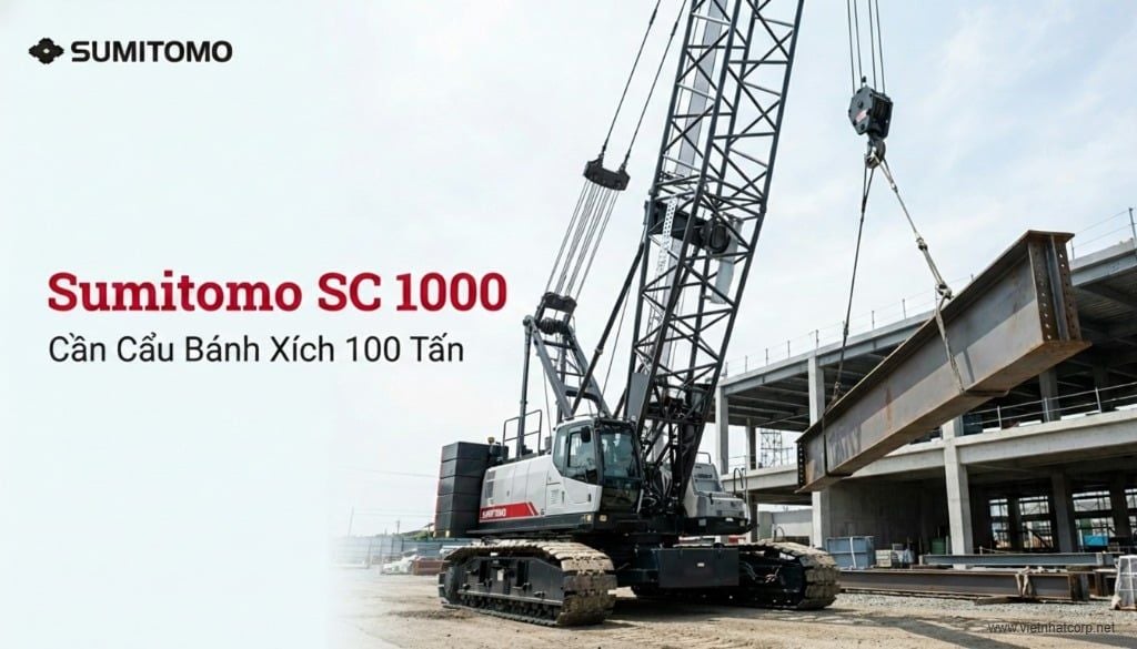 Hình ảnh xe cẩu Sumitomo SC1000 đang nâng dầm thép tại công trường.Sumitomo