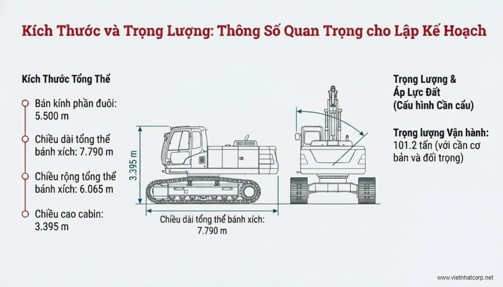 Hình ảnh sơ đồ kích thước tổng thể và thông số trọng lượng của Sumitomo SC1000.