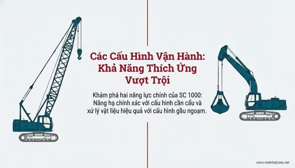 Hình ảnh minh họa hai cấu hình vận hành chính: cần cẩu và gầu ngoạm Sumitomo SC1000.