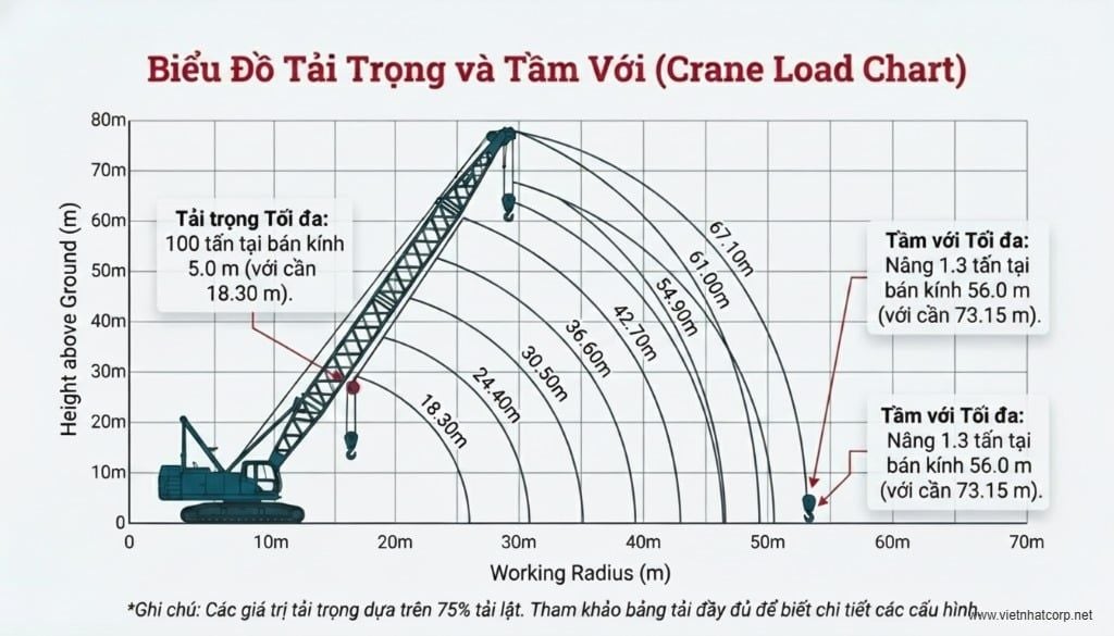 Biểu đồ thể hiện mối quan hệ giữa tải trọng, tầm với và chiều cao nâng của cần cẩu Sumitomo SC1000.