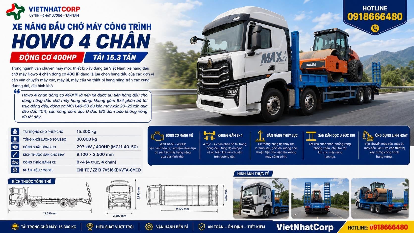 xe nâng đầu chở máy Howo 4 chân động cơ 400HP