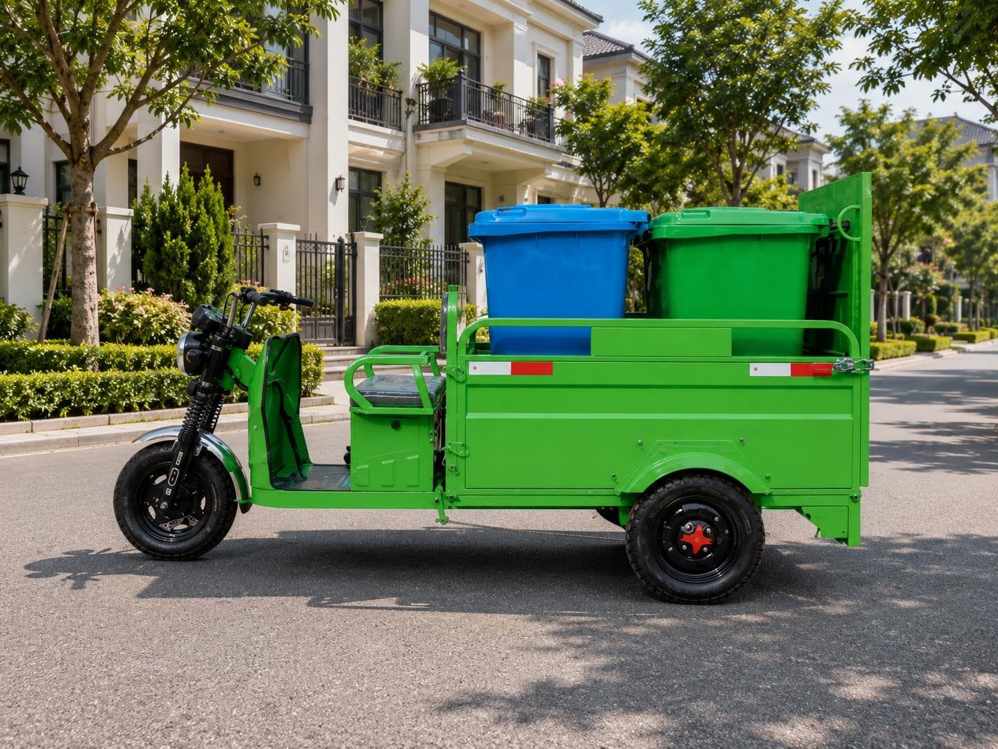 Xe điện sàn phẳng chở 4 thùng rác 240L tiện dụng