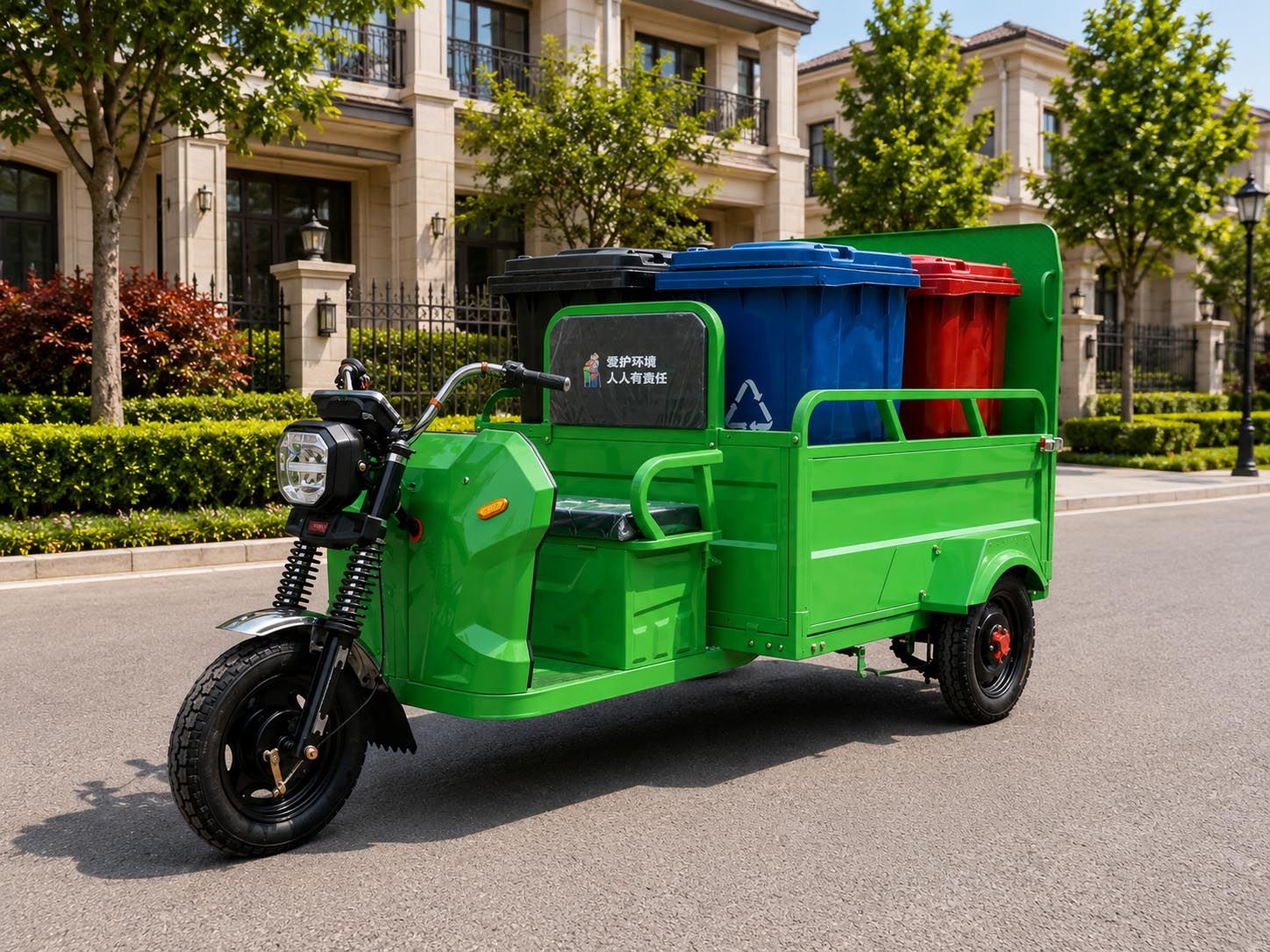 Xe điện sàn phẳng chở 4 thùng rác 240L