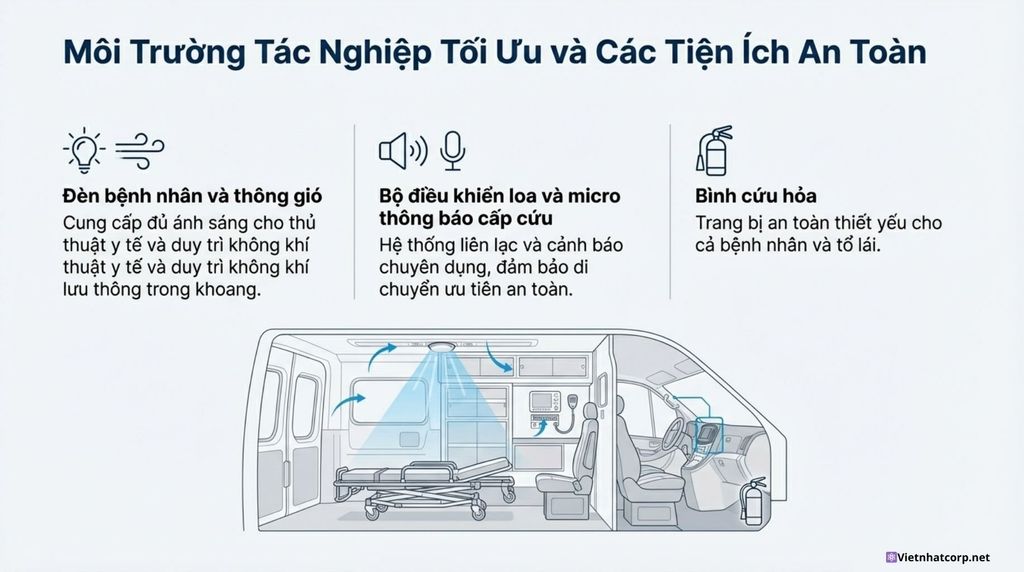 Sơ đồ minh họa hệ thống đèn, thông gió, bộ điều khiển loa/micro và vị trí bình cứu hỏa trong khoang xe Hyundai Staria Cứu thương.