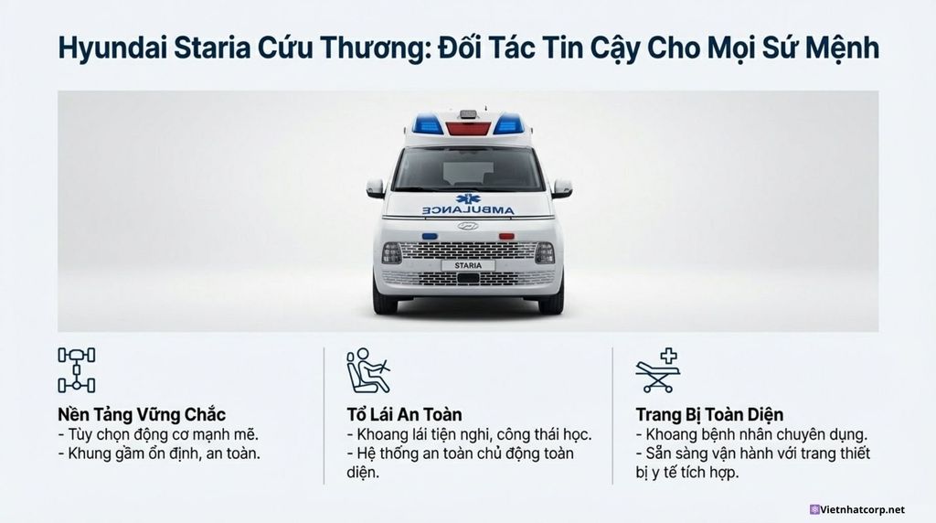 Hình ảnh xe Hyundai Staria Cứu thương với đèn ưu tiên sáng rực, đứng vững chãi, thể hiện sự tin cậy và sẵn sàng phục vụ.