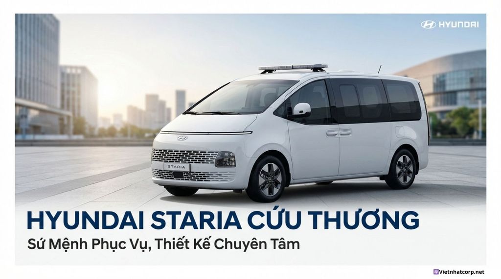 Hình ảnh xe Hyundai Staria Cứu thương màu trắng nổi bật với đèn ưu tiên trên nóc, sẵn sàng cho mọi nhiệm vụ.