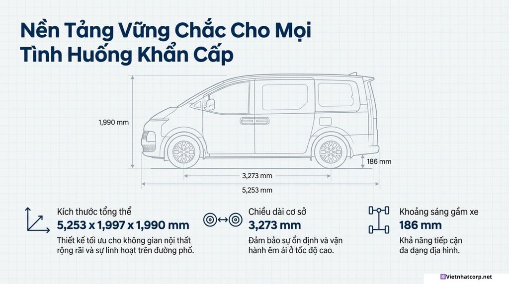 Sơ đồ kích thước chi tiết của xe Hyundai Staria Cứu thương, thể hiện nền tảng vững chắc và khả năng vận hành linh hoạt.
