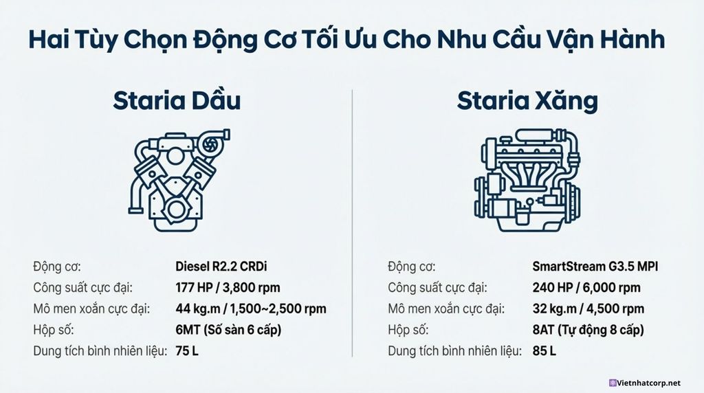 Biểu đồ minh họa hai loại động cơ Diesel R2.2 CRDi và SmartStream G3.5 MPI trang bị trên xe Hyundai Staria Cứu thương.