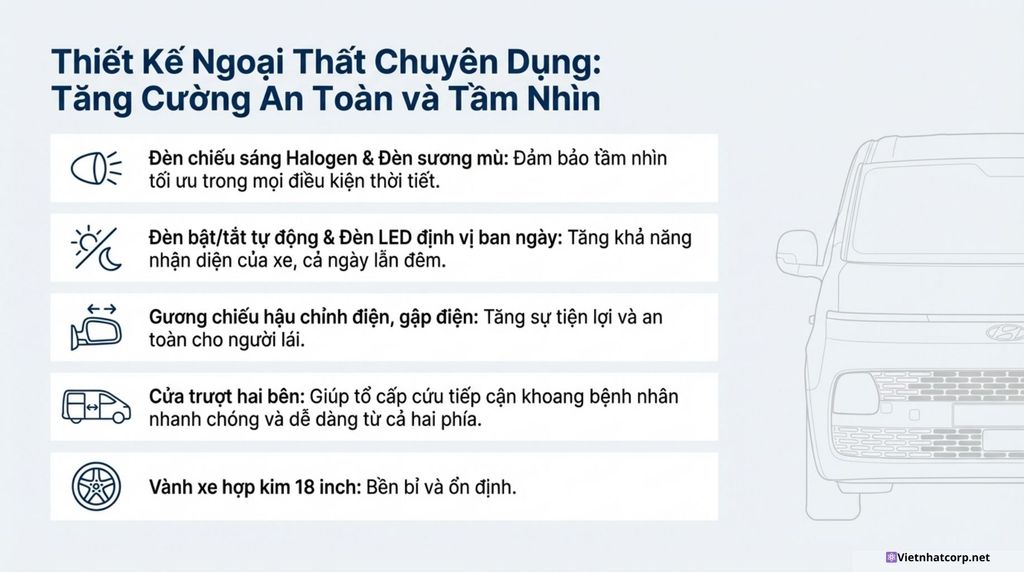 Hình ảnh mặt trước của xe Hyundai Staria Cứu thương, làm nổi bật các tính năng ngoại thất được thiết kế để tăng cường an toàn và tầm nhìn.