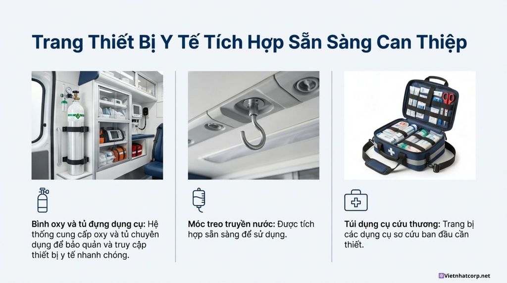 Ba hình ảnh chi tiết về bình oxy và tủ dụng cụ, móc treo truyền nước và túi dụng cụ cứu thương, minh họa trang thiết bị y tế tích hợp trên xe Hyundai Staria Cứu thương.