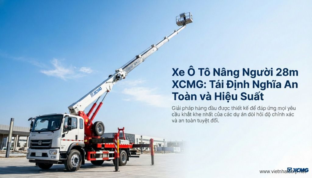 Xe nâng người XCMG GKS28 vươn cao trên nền trời xanh.