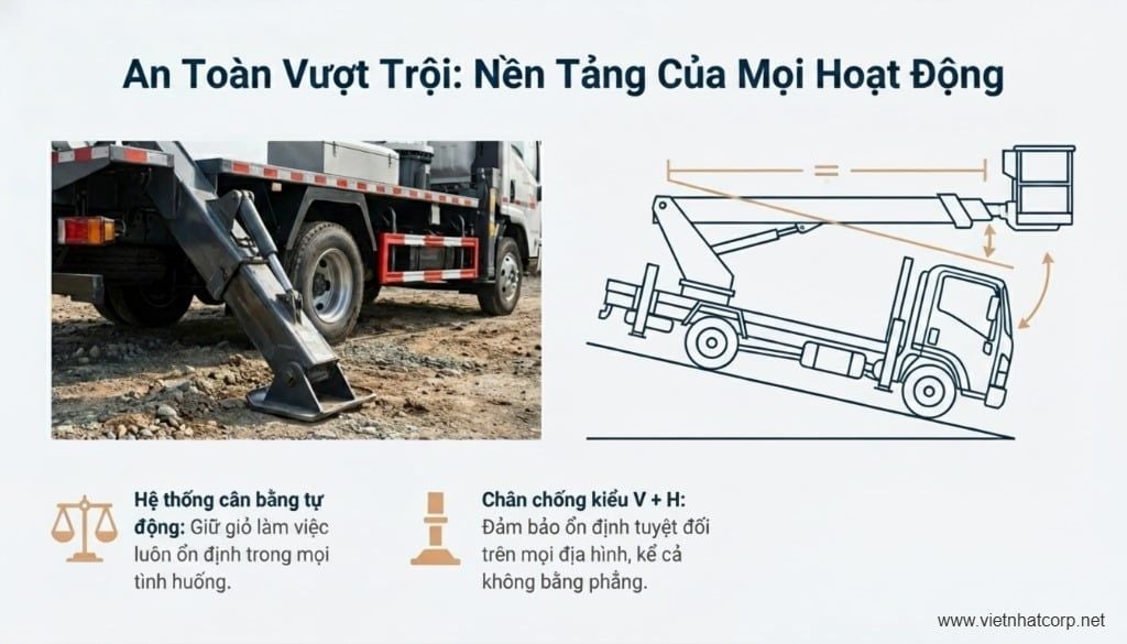 Hệ thống chân chống và cân bằng tự động của xe nâng người XCMG GKS28.