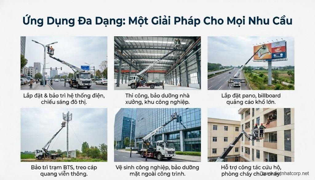 Hình ảnh xe nâng người XCMG GKS28 hoạt động trong nhiều môi trường.