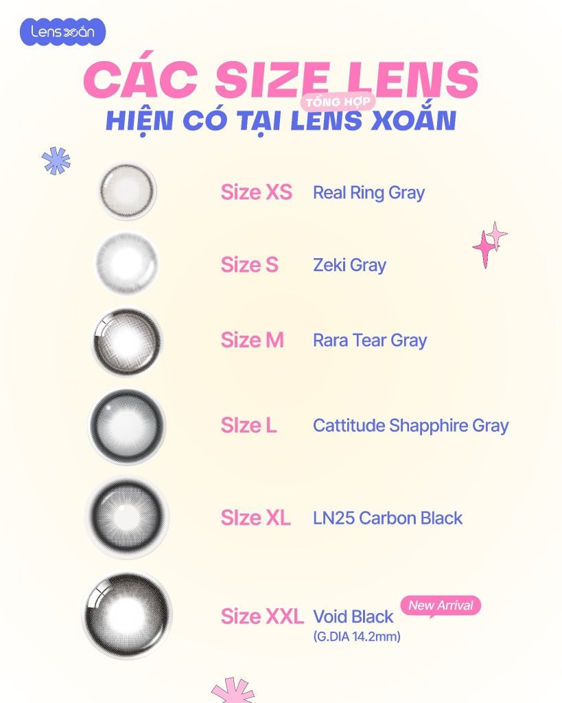 Tổng hợp các size kính áp tròng từ XS đến XXL tại Lens Xoắn, hướng dẫn chọn G.DIA phù hợp với từng dáng mắt.