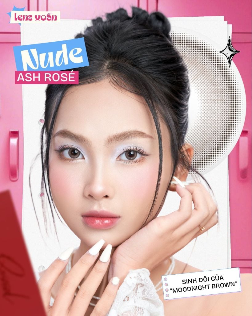 Nude Ash Rose với người mẫu makeup hồng và họa tiết vân lens trên nền hồng