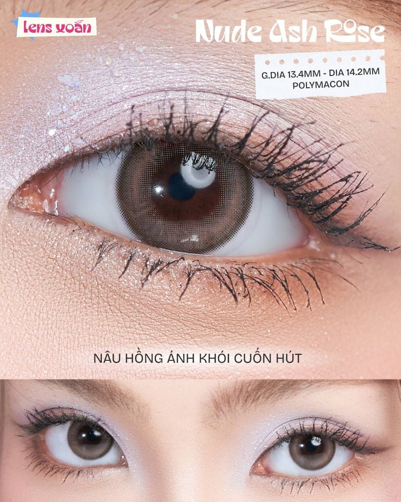 Cận cảnh vân chấm và viền lens Nude Ash Rose khi đeo trên mắt