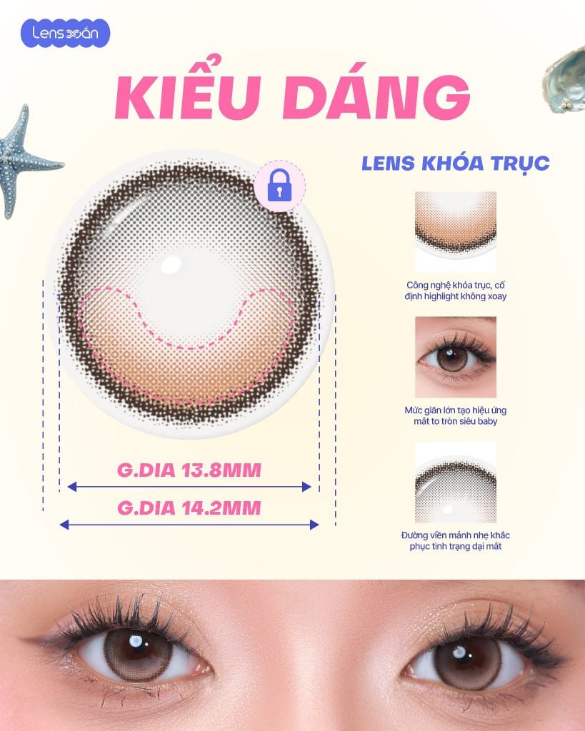 Only One Cherry Choco lens khóa trục màu nâu choco ánh hồng đào highlight cố định không xoay G.DIA 13.8mm