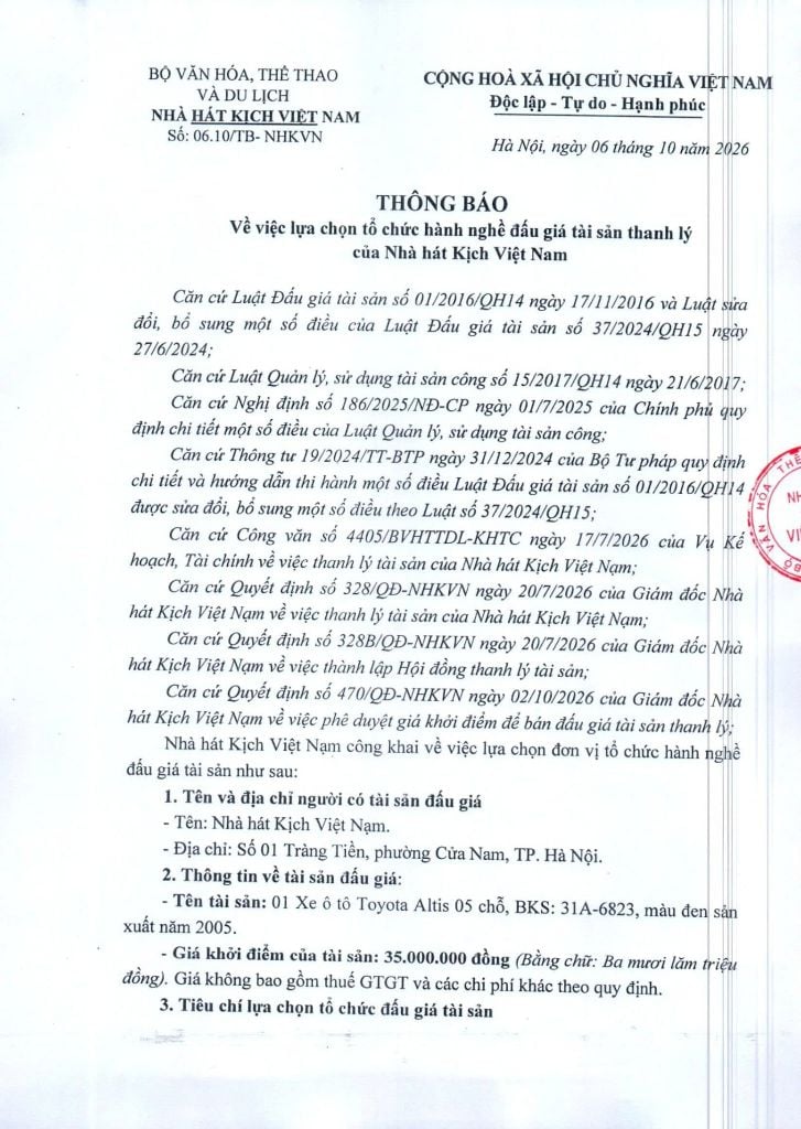 THÔNG BÁO: VỀ VIỆC LỰA CHỌN TỔ CHỨC HÀNH NGHỀ ĐẤU GIÁ TÀI SẢN THANH LÝ CỦA NHÀ HÁT KỊCH VIỆT NAM